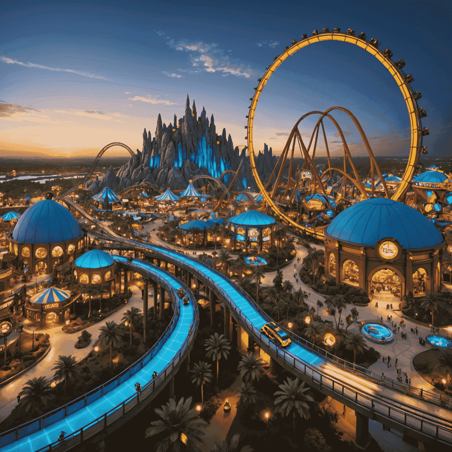 Panoramic view of IMG Worlds of Adventure, showcasing thrilling roller coasters, vibrant Marvel and Cartoon Network zones, and the prehistoric world of Lost Valley