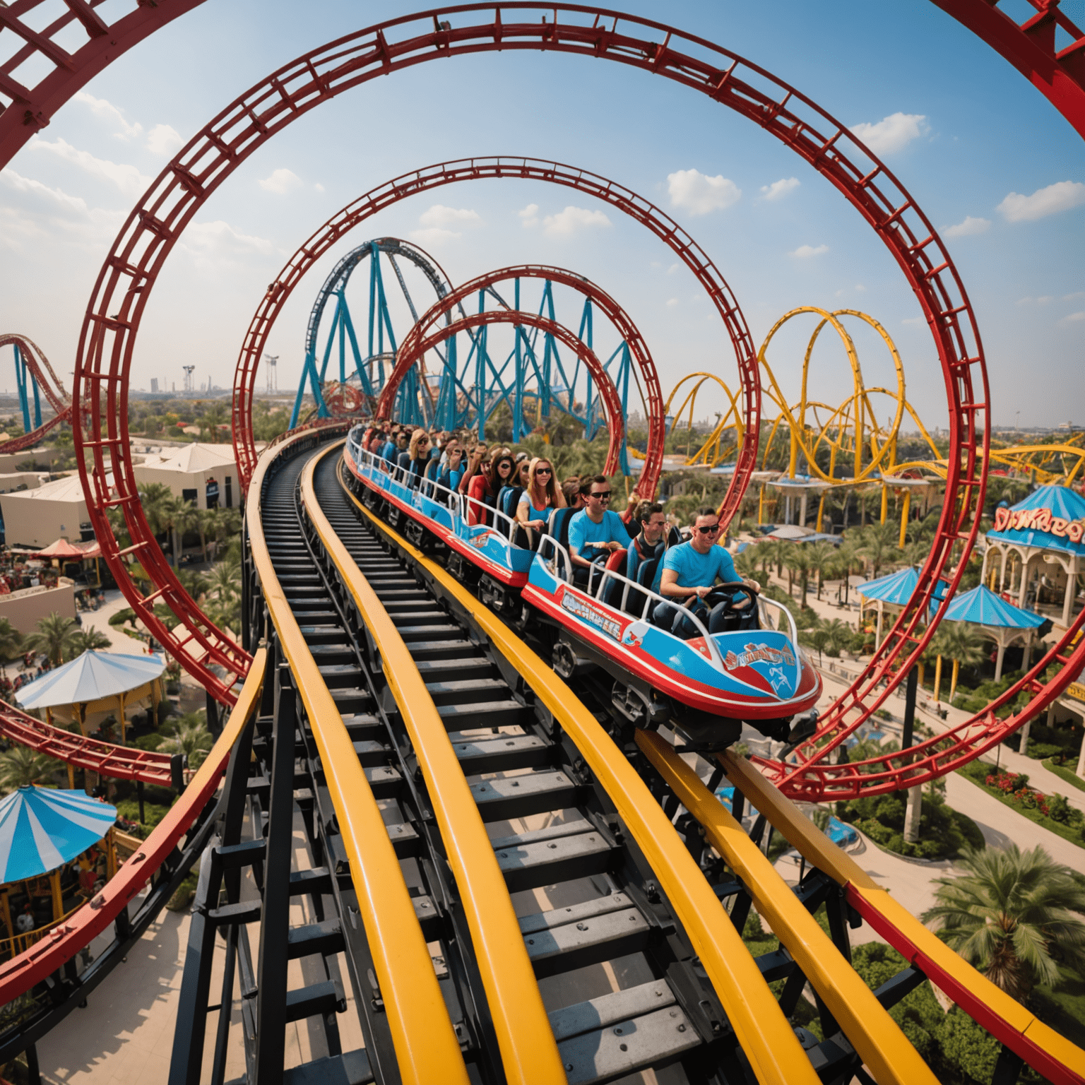 A towering roller coaster with multiple loops and steep drops, set against the backdrop of IMG Worlds of Adventure's indoor landscape. Thrillseekers can be seen riding the coaster, hands raised in excitement.