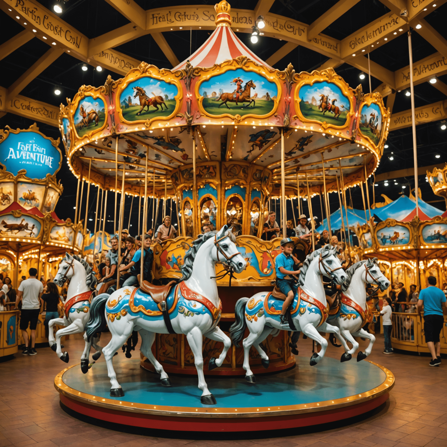 A colorful carousel with fantastical creatures, surrounded by excited children and parents at IMG Worlds of Adventure
