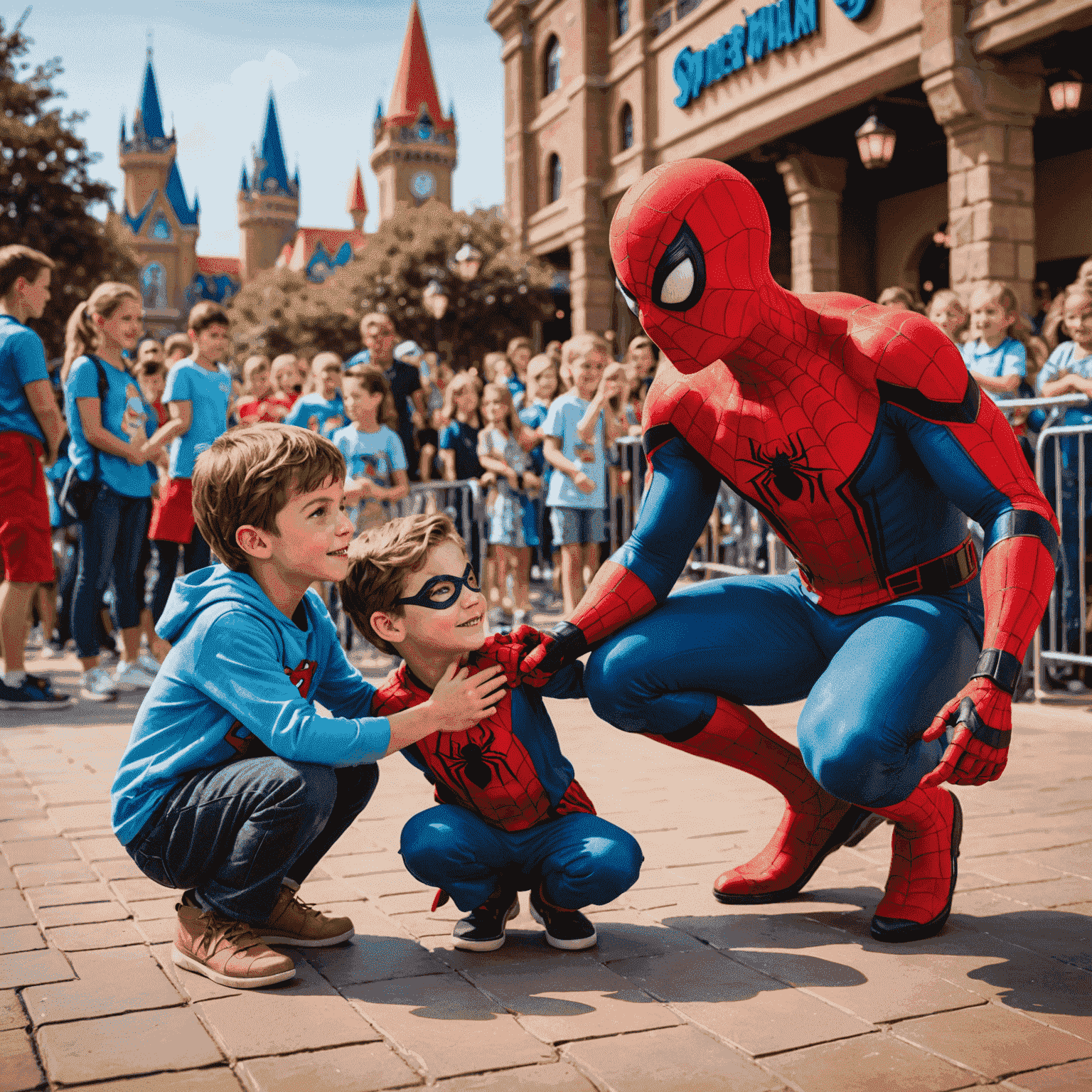 Excited children meeting their favorite superhero character, possibly Spider-Man, at IMG Worlds of Adventure. The character is in full costume, kneeling down to interact with the kids in a colorful, themed area of the park.