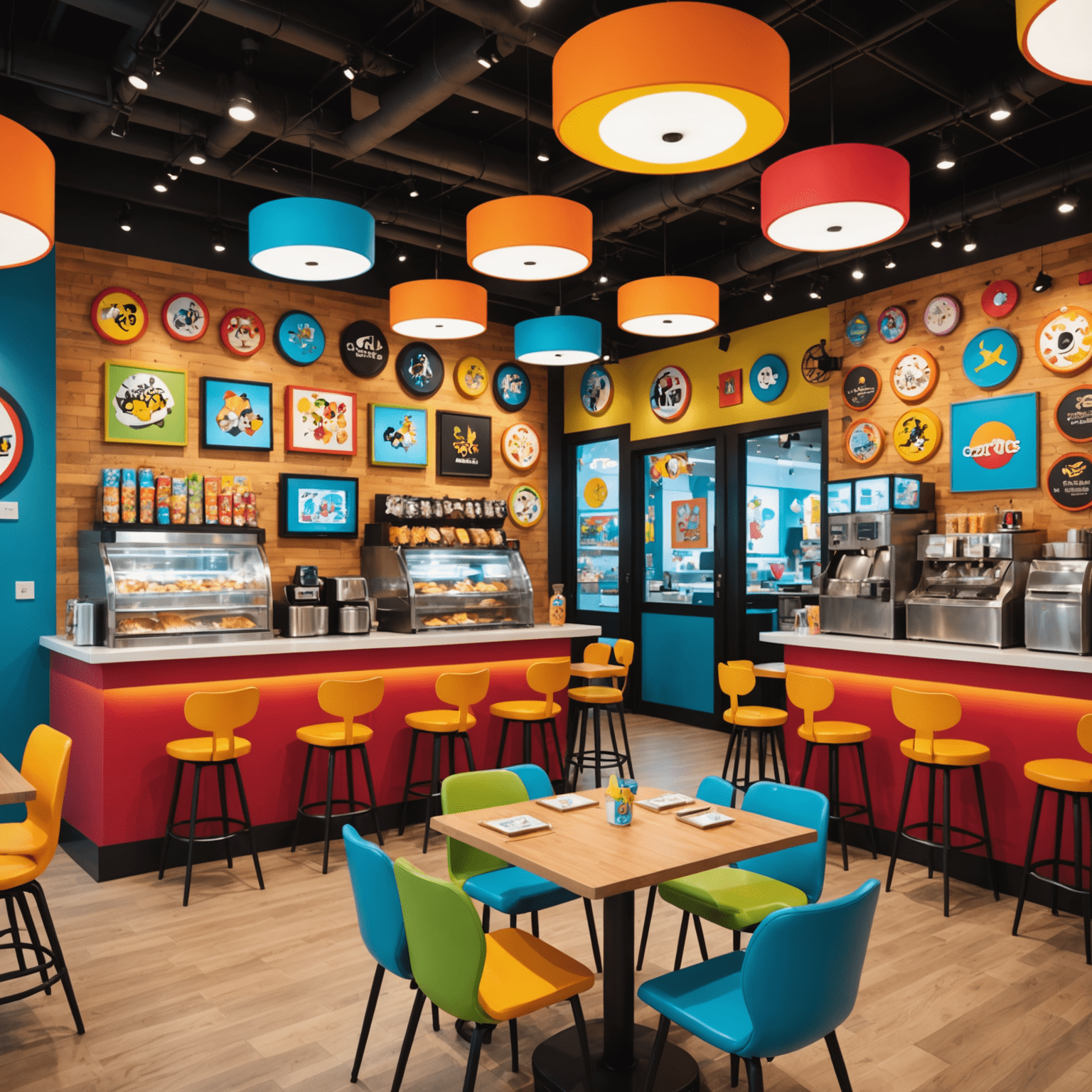 Cartoon Network Cafe featuring colorful decor with popular cartoon characters and a variety of kid-friendly meals