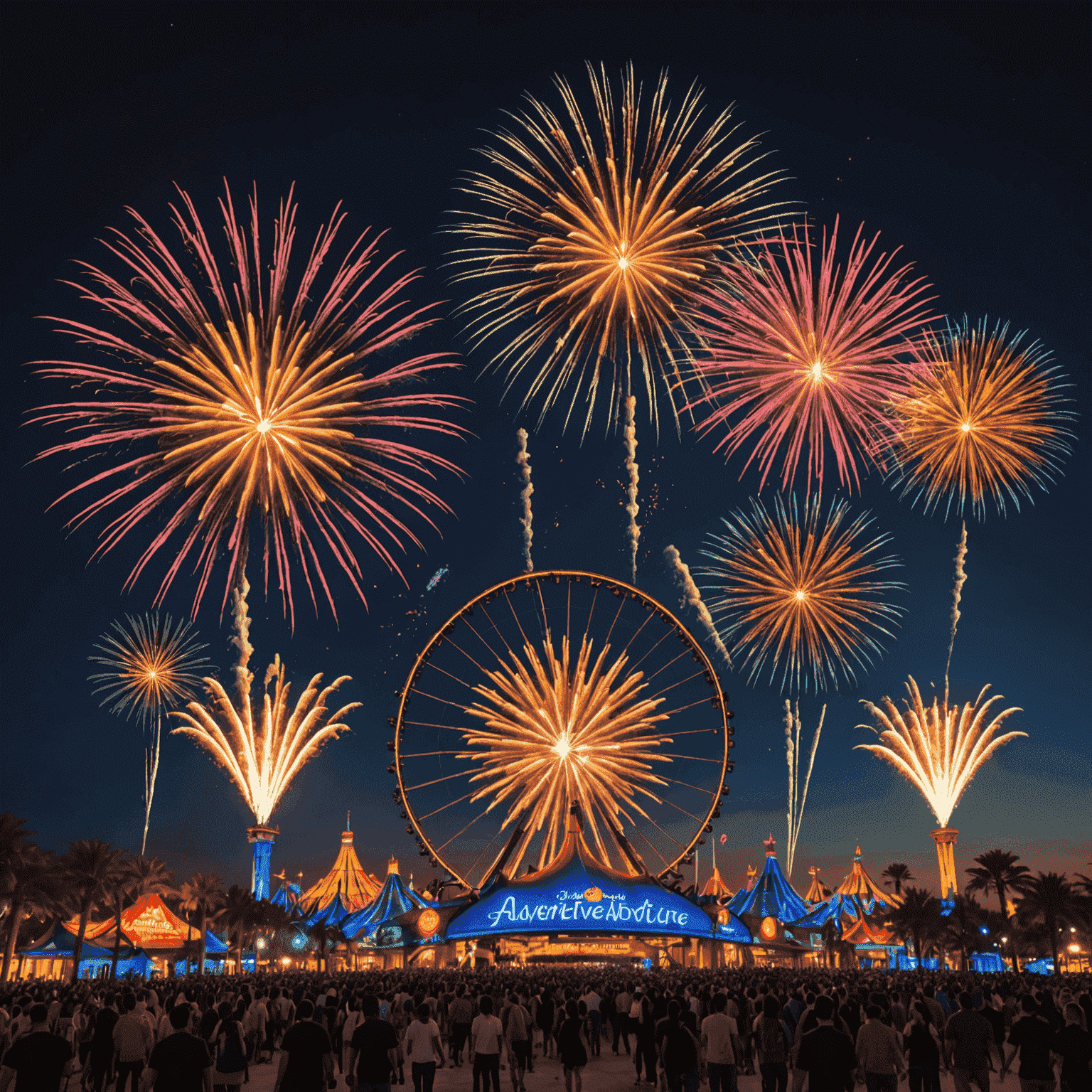 Exciting fireworks display over IMG Worlds of Adventure, illuminating the night sky with vibrant colors and silhouettes of thrilling rides
