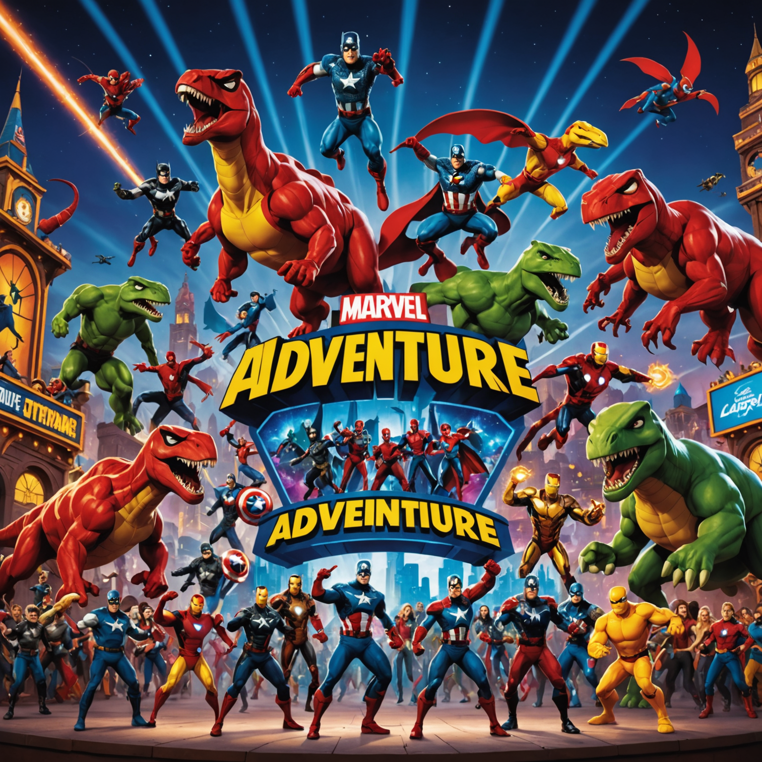 A collage of nighttime performances at IMG Worlds of Adventure. Marvel superheroes posing dramatically, illuminated dinosaurs, and Cartoon Network characters dancing, all set against a backdrop of excited visitors and colorful light displays.
