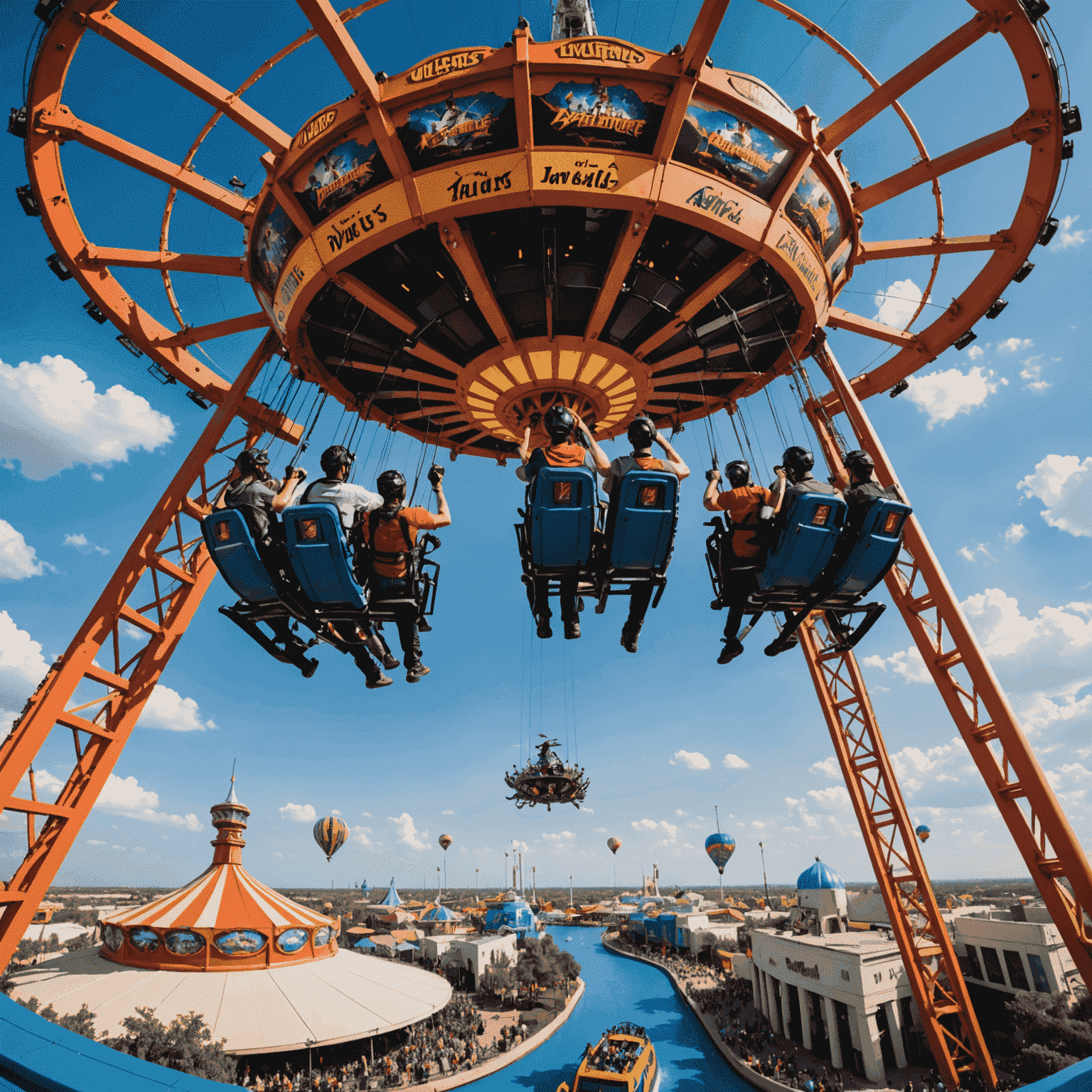 A massive spinning ride that elevates riders high above the ground, with the IMG Worlds of Adventure logo visible in the background. Riders are shown experiencing weightlessness at the peak of the spin.