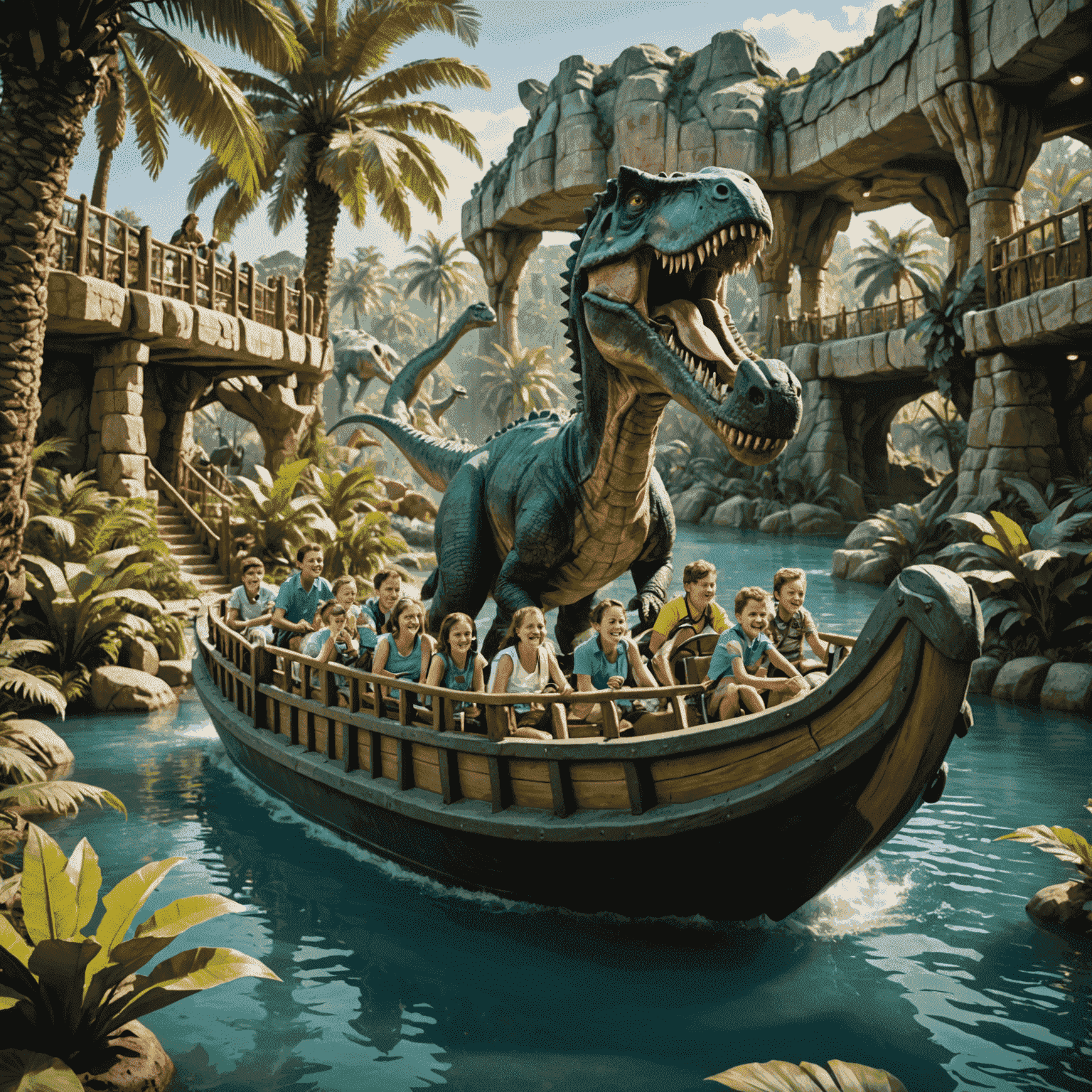 A gentle boat ride through a lush, prehistoric-themed landscape with animatronic dinosaurs at IMG Worlds of Adventure