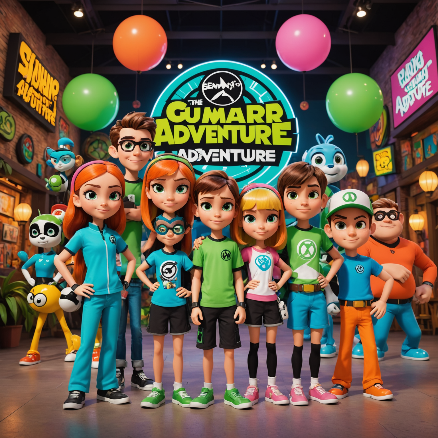 A group of Cartoon Network characters, including Ben 10, The Powerpuff Girls, and Gumball, posing together in a vibrant, cartoon-themed area of IMG Worlds of Adventure.