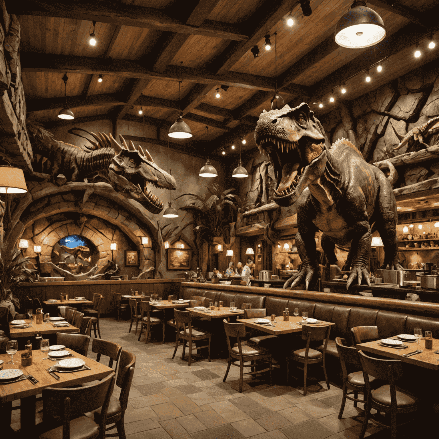 Jurassic-themed restaurant with prehistoric decor and large portions of grilled meats