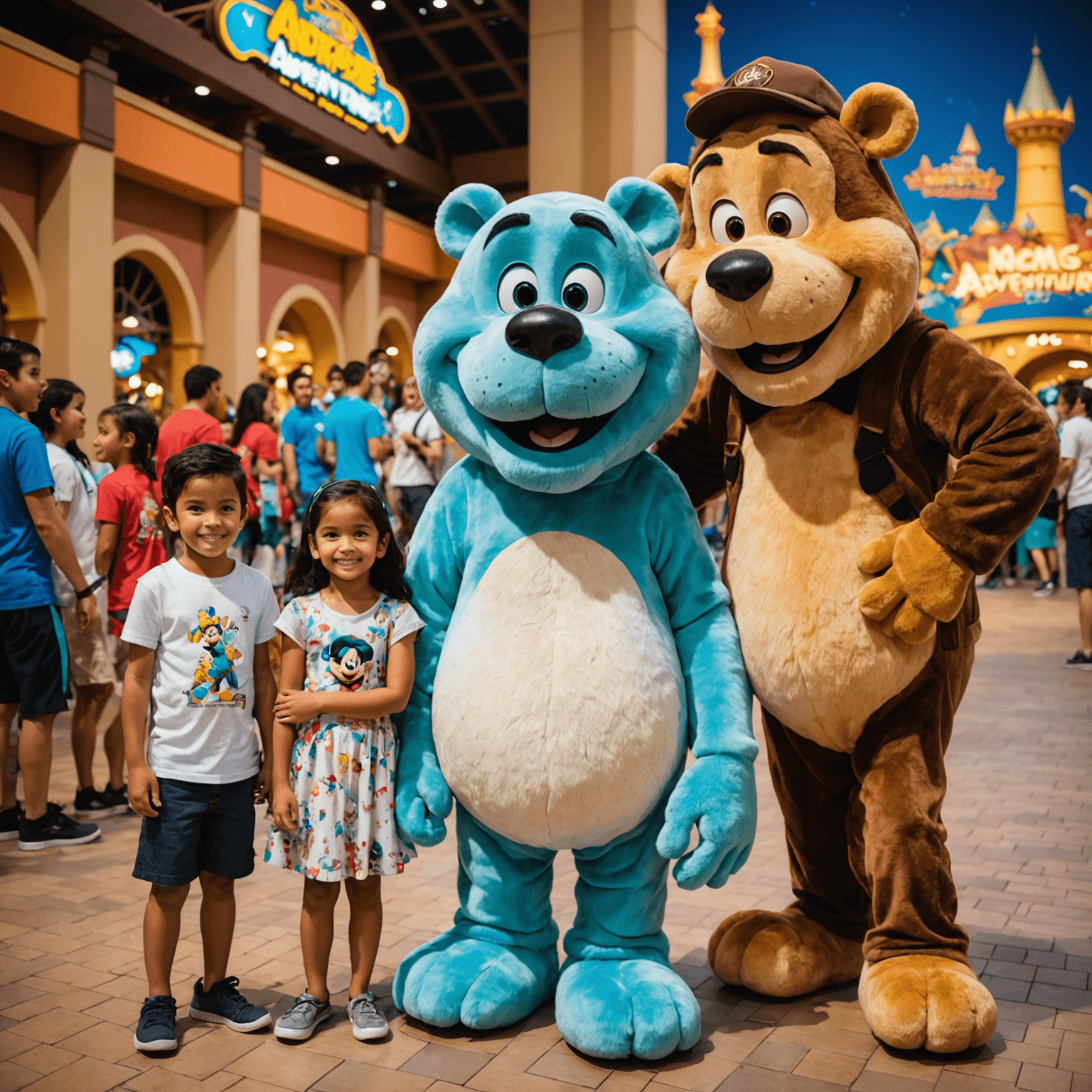 Children excitedly meeting their favorite cartoon characters during a special event at IMG Worlds of Adventure