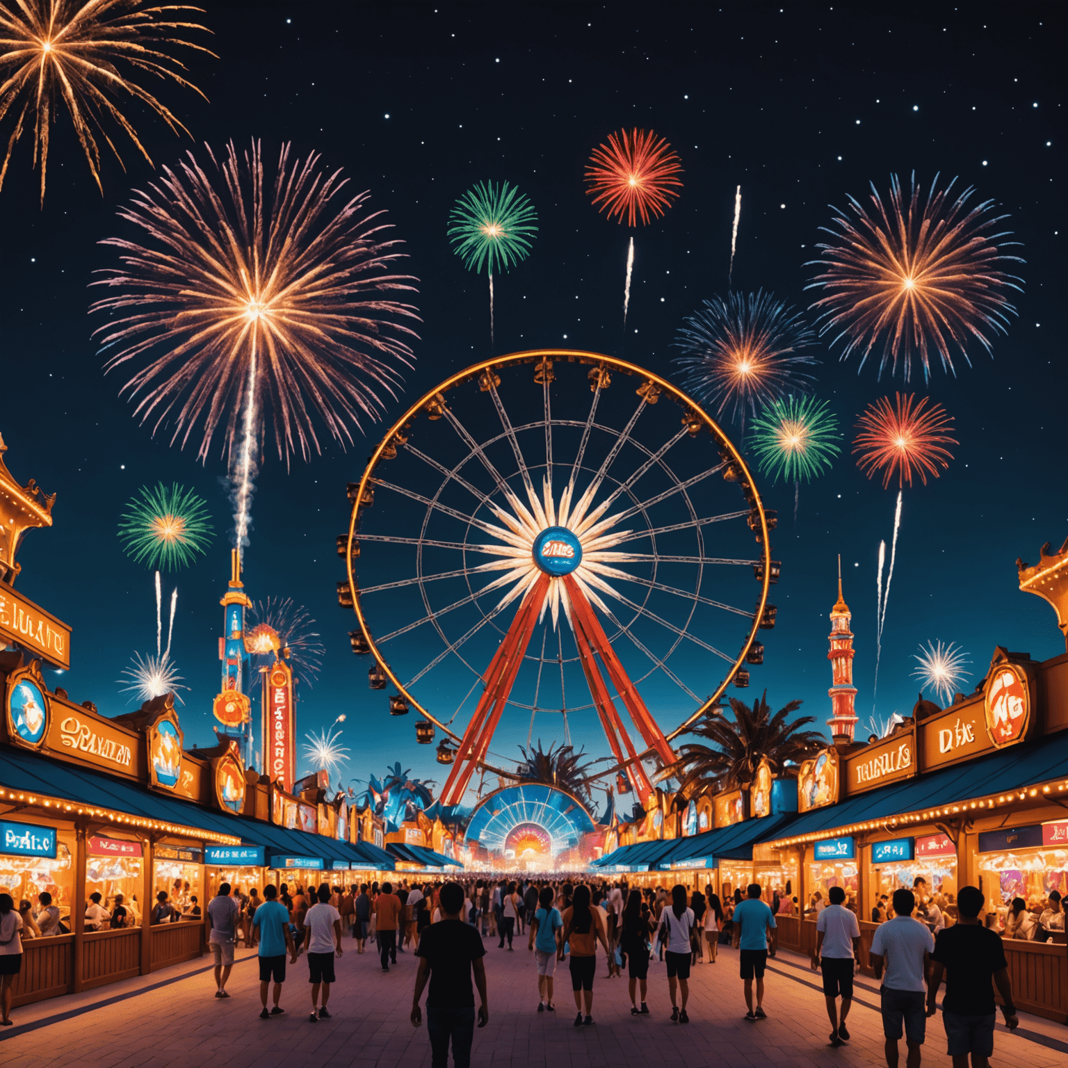A nighttime scene at IMG Worlds with colorful lights, fireworks, and silhouettes of excited visitors enjoying rides under a starry sky