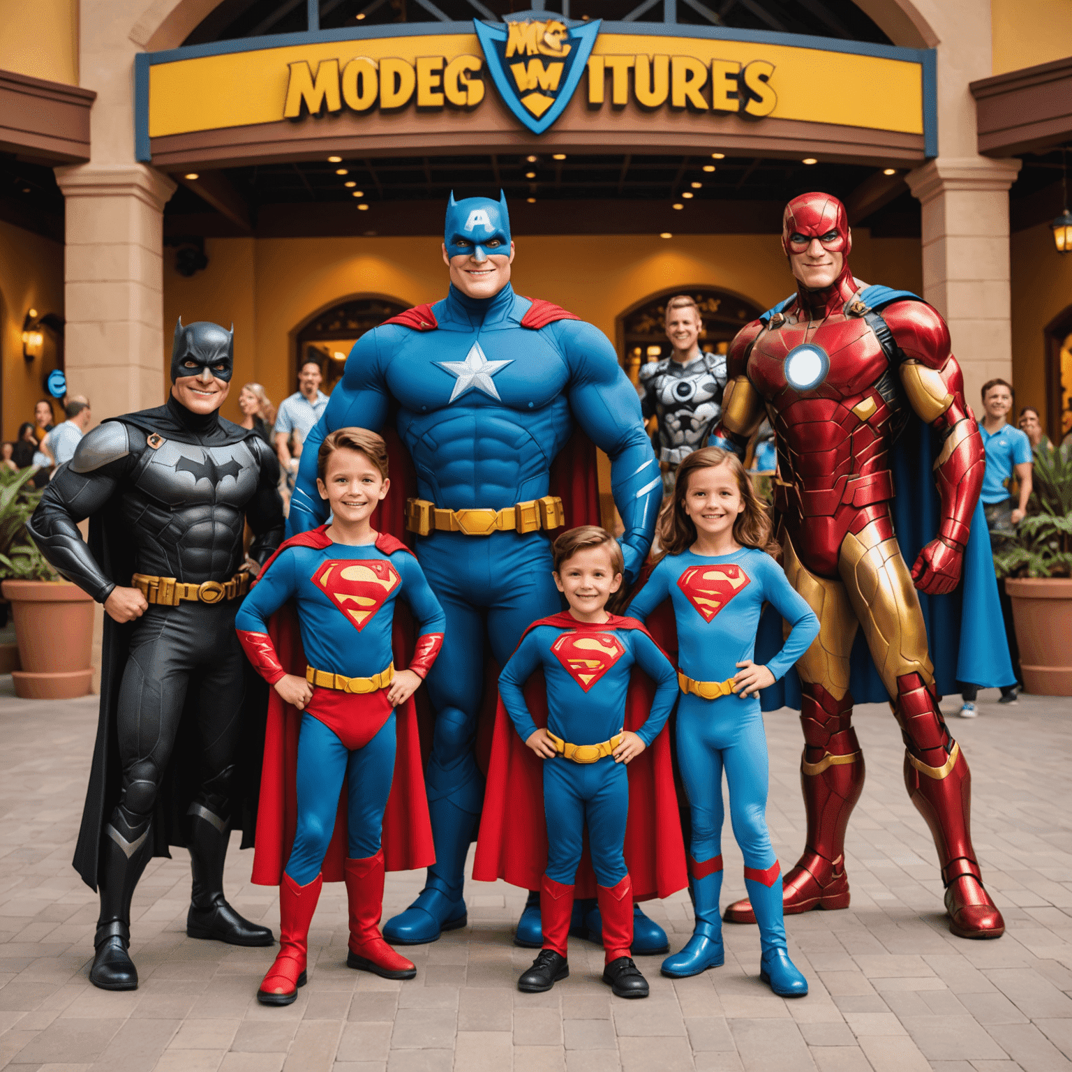 Cartoon and superhero characters posing with excited visitors, illustrating the Character Meet & Greets at IMG Worlds of Adventure