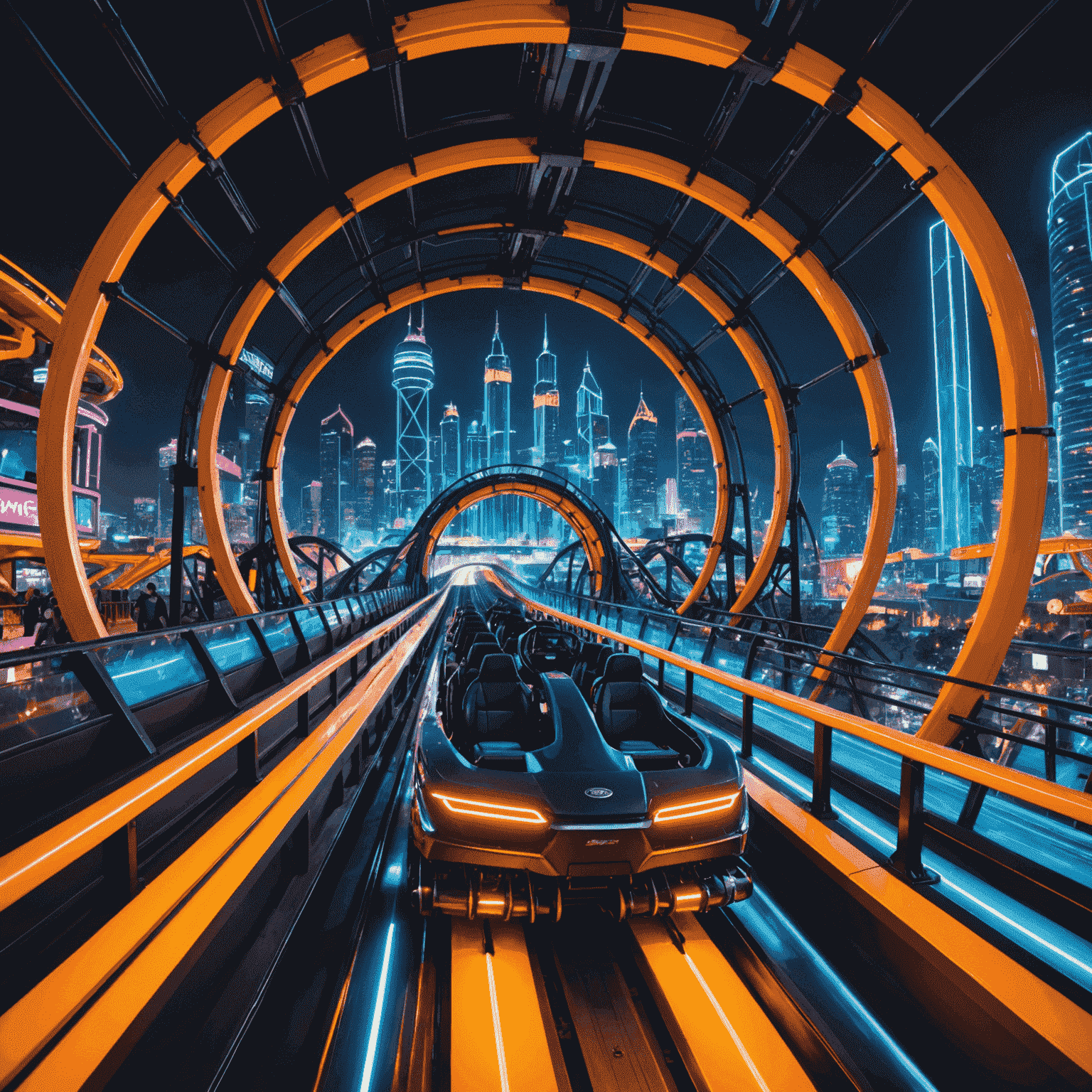 An intense, high-speed indoor roller coaster with sharp turns and sudden drops. The track weaves through a futuristic cityscape, with neon lights illuminating the ride's path.