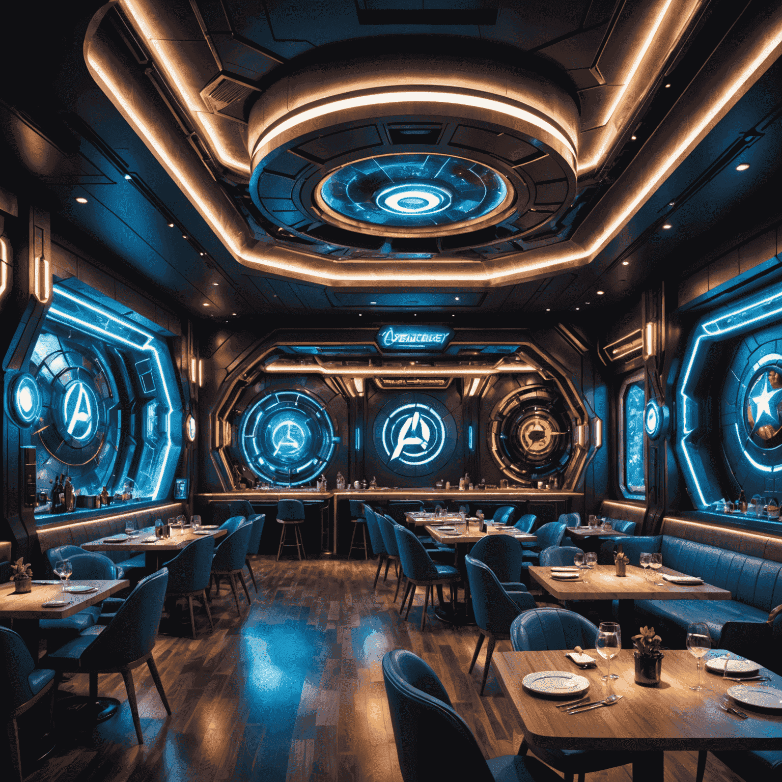 Futuristic Avengers-themed restaurant with high-tech decor and superhero-inspired dishes