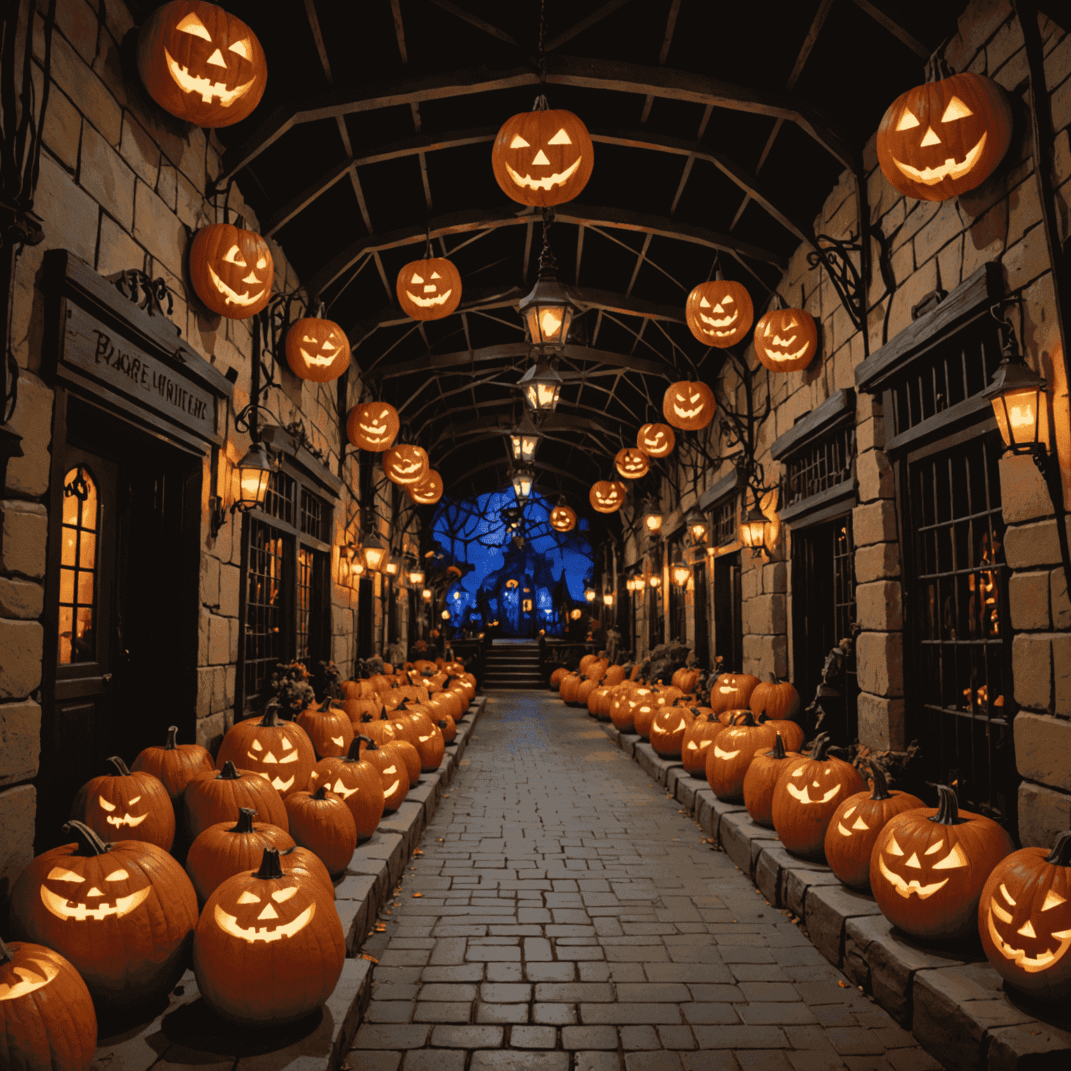 A spooky Halloween-themed area within IMG Worlds of Adventure, decorated with pumpkins and eerie lighting