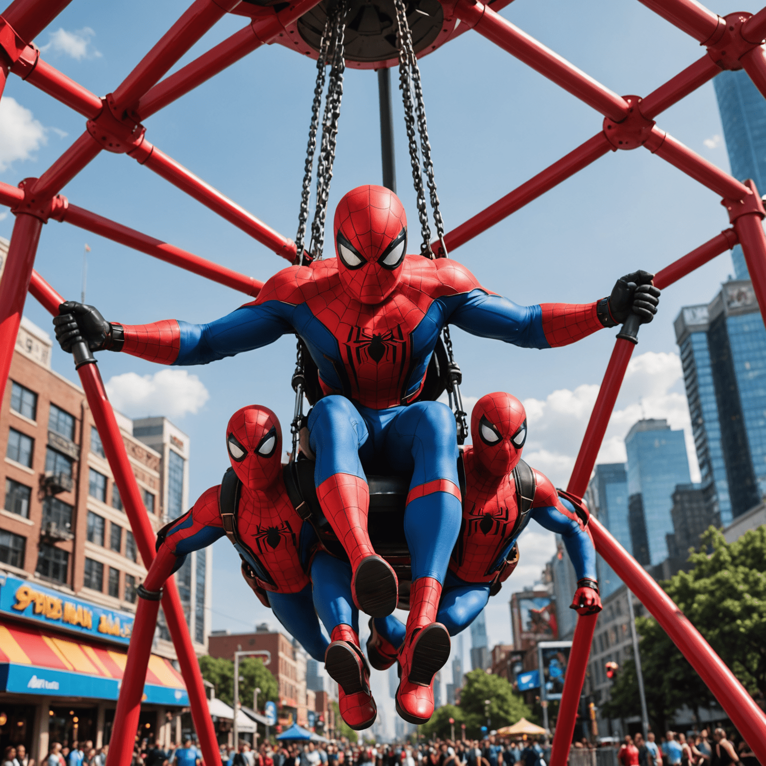 A giant pendulum ride swinging riders back and forth at increasing heights. The ride is themed with Spider-Man imagery, and riders can be seen experiencing moments of weightlessness at the apex of each swing.