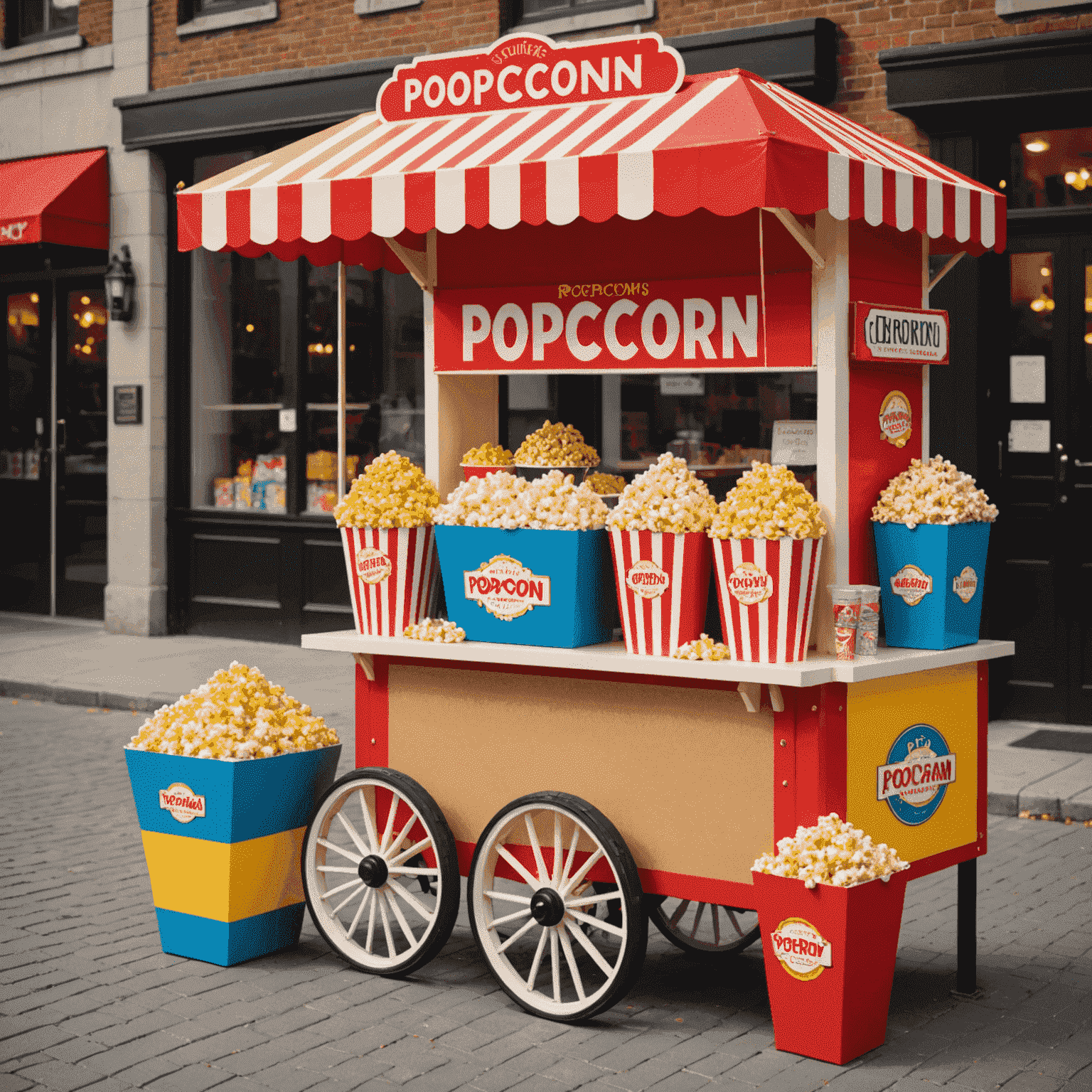 Colorful popcorn stand with various flavors and sizes of popcorn buckets