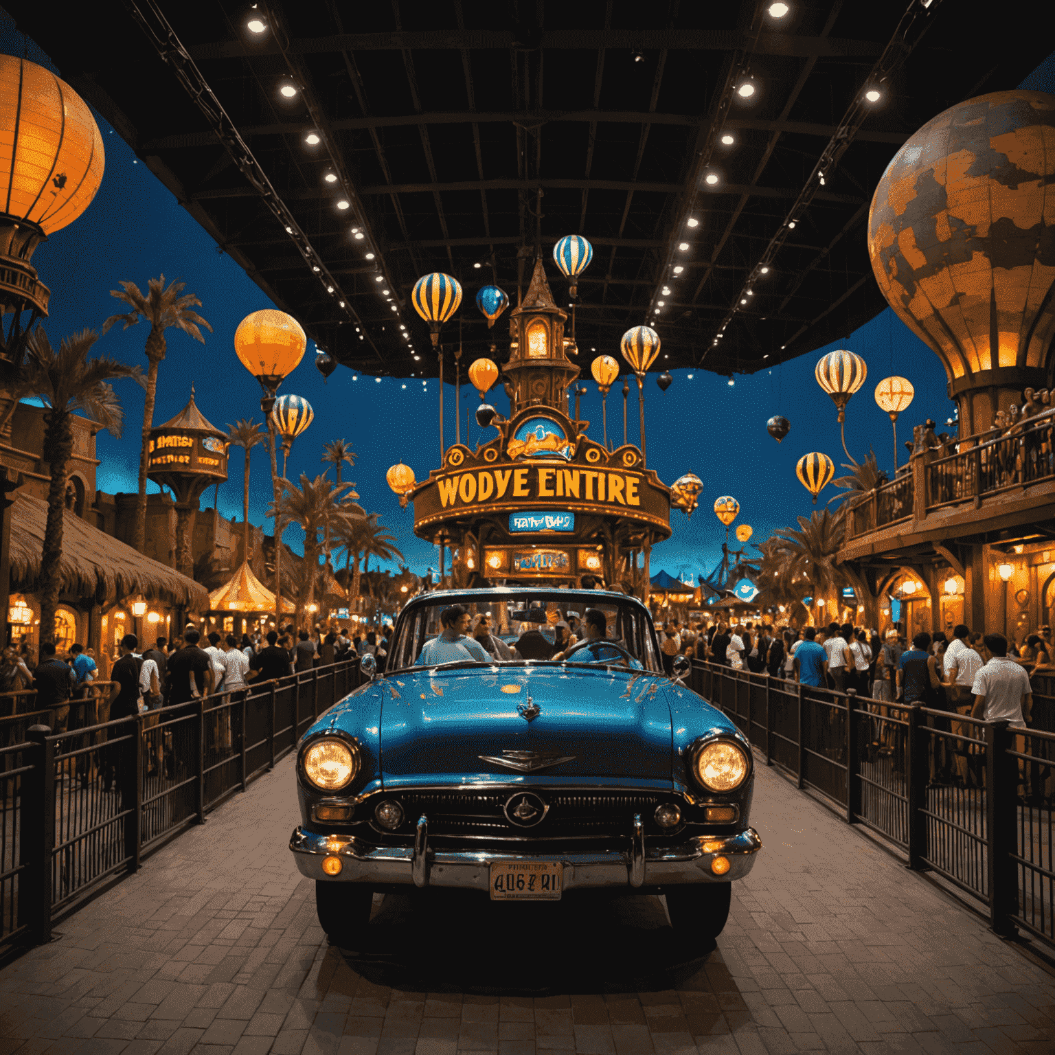 An exclusive after-hours event at IMG Worlds of Adventure, with guests enjoying rides and attractions under atmospheric lighting