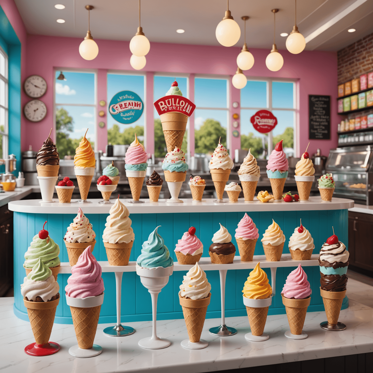Bright and cheerful ice cream parlor with a wide variety of colorful ice cream flavors and toppings