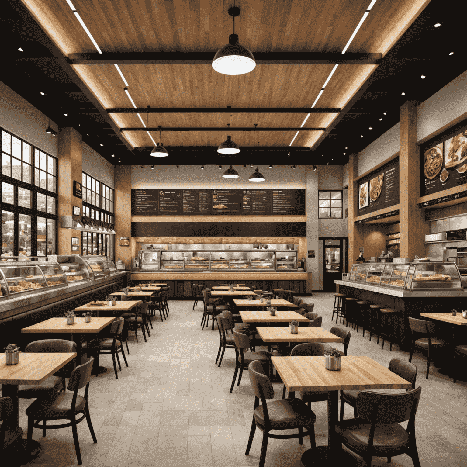Large food court with multiple international cuisine stations and seating areas